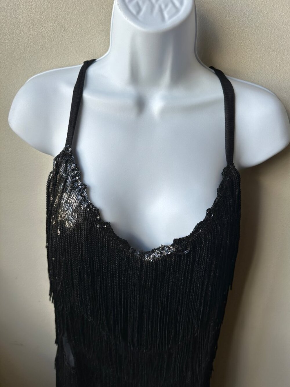 Black Sequin Fringe Mini Dress Womens XL Spaghetti Strap Party Cocktail